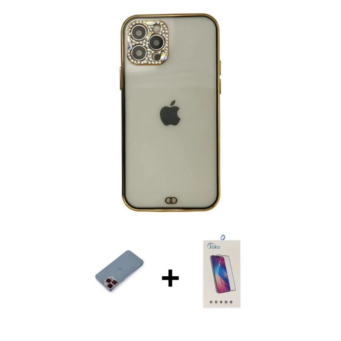 MARSİLYAN™- iPhone 12 Pro Max Kılıf Eksen Minimal Koleksiyonu - Siyah Joko 5D Cam + Kırmızı Metal Kamera Lens Koruma Cam