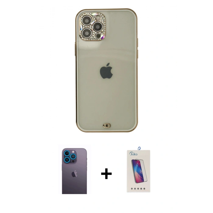 MARSİLYAN™- iPhone 12 Pro Max Kılıf Eksen Minimal Koleksiyonu - Siyah Joko 5D Cam + Neon Fosforlu Kamera Lens - MI
