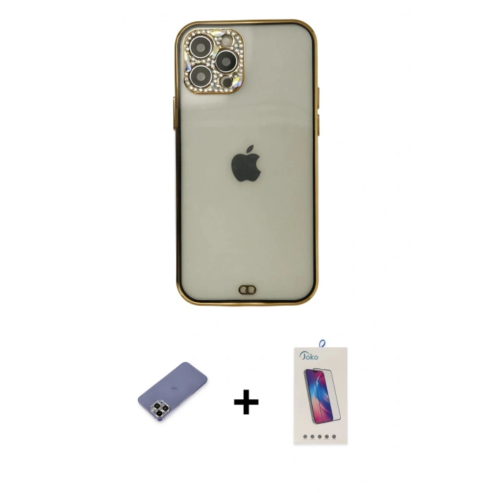 MARSİLYAN™- iPhone 12 Pro Max Kılıf Eksen Minimal Koleksiyonu - Siyah Joko 5D Cam + Metal Kamera Lens Koruma Cam - GD