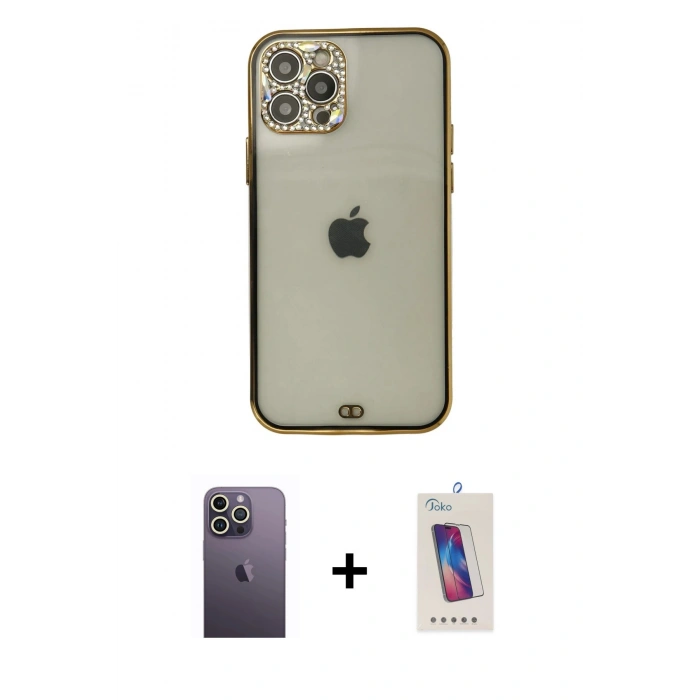 MARSİLYAN™- iPhone 12 Pro Max Kılıf Eksen Minimal Koleksiyonu - Siyah Joko 5D Cam + Neon Fosforlu Kamera Lens - BZ