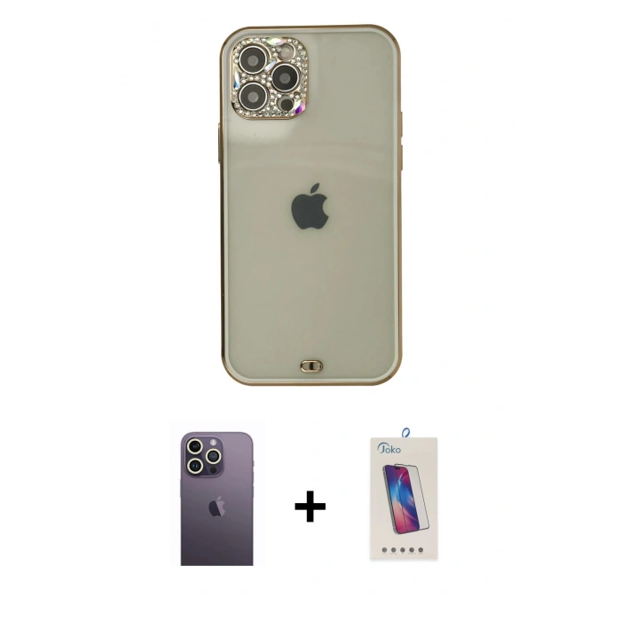 MARSİLYAN™- iPhone 12 Pro Max Kılıf Eksen Minimal Koleksiyonu - Siyah Joko 5D Cam + Neon Fosforlu Kamera Lens - BZ
