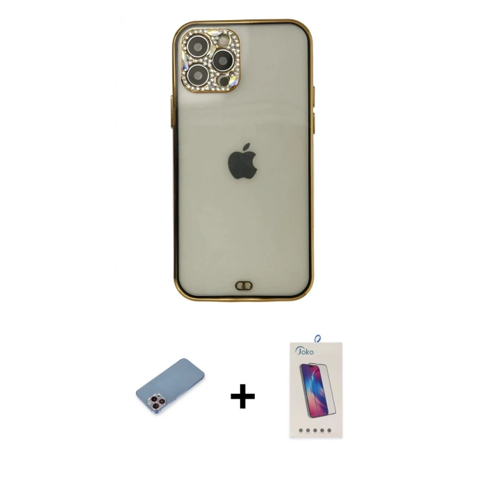 MARSİLYAN™- iPhone 12 Pro Max Kılıf Eksen Minimal Koleksiyonu - Siyah Joko 5D Cam + Pembe Shine Kamera Lens Koruma Cam
