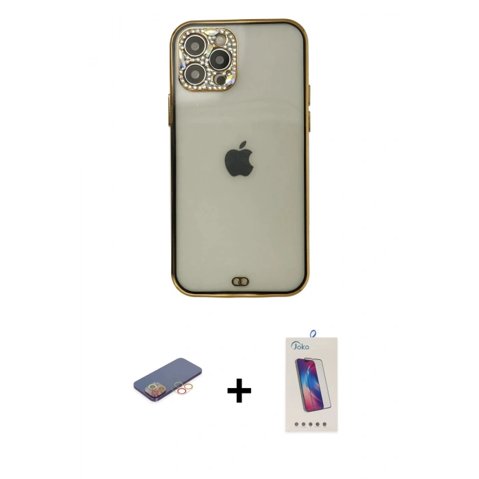 MARSİLYAN™- iPhone 12 Pro Max Kılıf Eksen Minimal Koleksiyonu - Siyah Joko 5D Cam + Renkli Kamera Lens Koruma Cam - TU