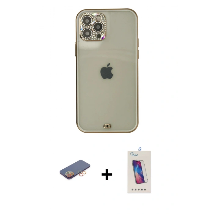 MARSİLYAN™- iPhone 12 Pro Max Kılıf Eksen Minimal Koleksiyonu - Siyah Joko 5D Cam + Renkli Kamera Lens Koruma Cam - TU