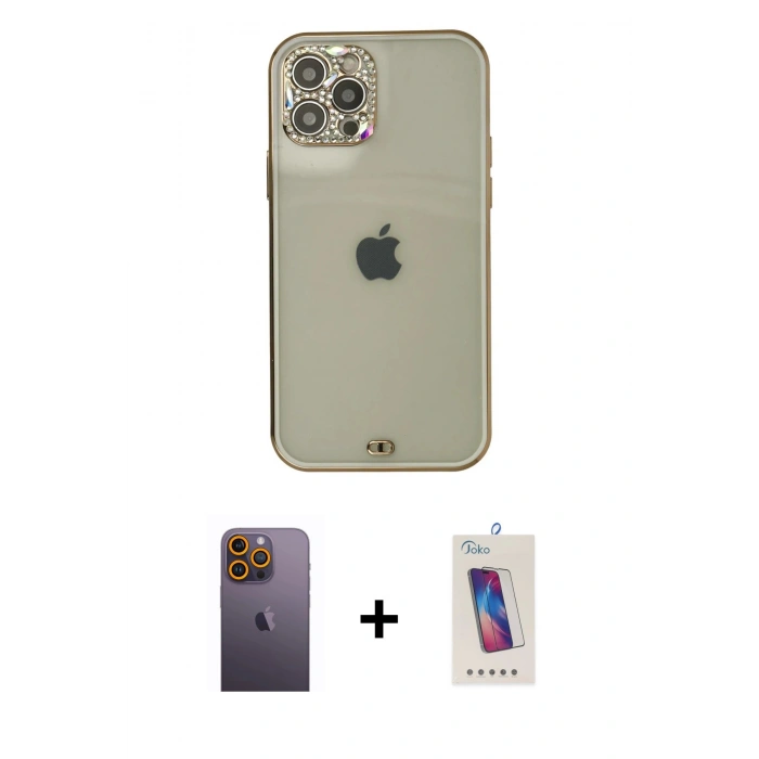 MARSİLYAN™- iPhone 12 Pro Max Kılıf Eksen Minimal Koleksiyonu - Siyah Joko 5D Cam + Sarı Neon Fosforlu Kamera Lens