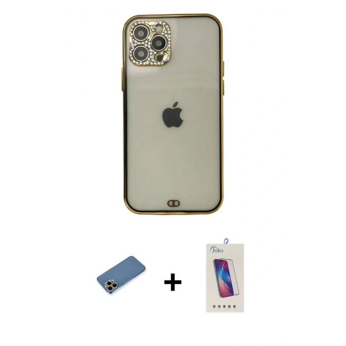 MARSİLYAN™- iPhone 12 Pro Max Kılıf Eksen Minimal Koleksiyonu - Siyah Joko 5D Cam + Shine Kamera Lens Koruma Cam - GD