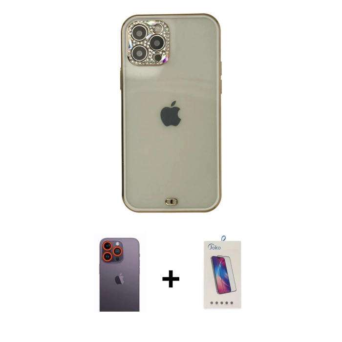MARSİLYAN™- iPhone 12 Pro Max Kılıf Eksen Minimal Koleksiyonu - Siyah Joko 5D Cam + Turuncu Neon Fosforlu Kamera Lens