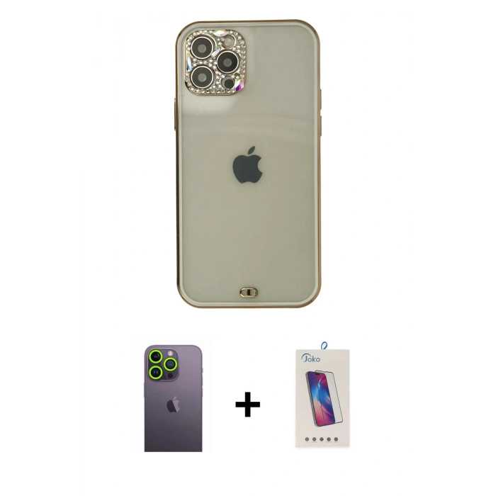 MARSİLYAN™- iPhone 12 Pro Max Kılıf Eksen Minimal Koleksiyonu - Siyah Joko 5D Cam + Yeşil Neon Fosforlu Kamera Lens