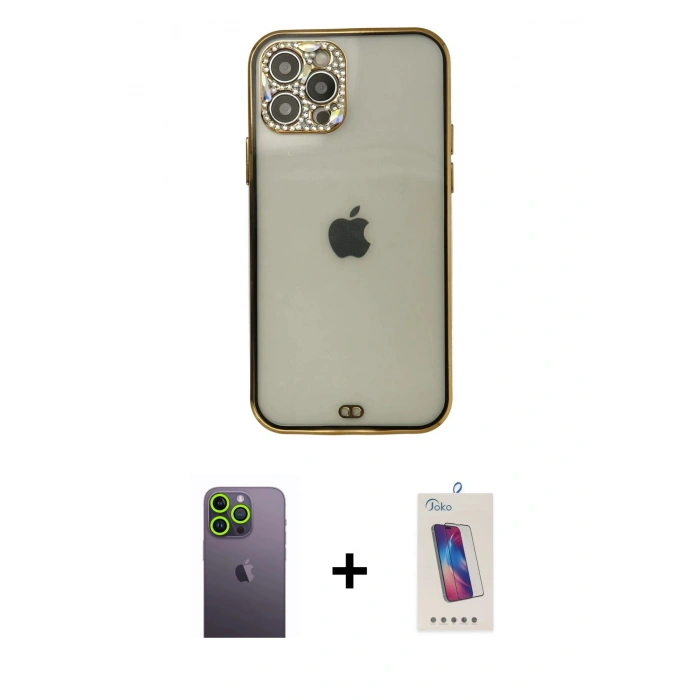 MARSİLYAN™- iPhone 12 Pro Max Kılıf Eksen Minimal Koleksiyonu - Siyah Joko 5D Cam + Yeşil Neon Fosforlu Kamera Lens