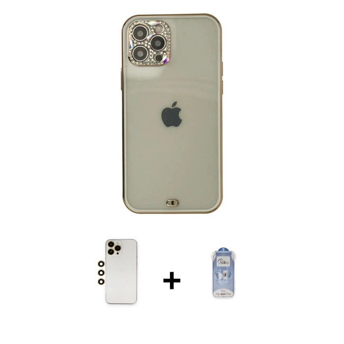 MARSİLYAN™- iPhone 12 Pro Max Kılıf Eksen Minimal Koleksiyonu - Siyah Joko Magic 5D Cam + Gold Shine Kamera Lens