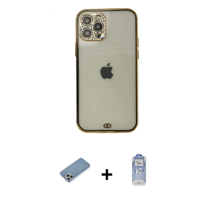 MARSİLYAN™- iPhone 12 Pro Max Kılıf Eksen Minimal Koleksiyonu - Siyah Joko Magic 5D Cam + Gümüş Shine Kamera Lens Koruma Cam