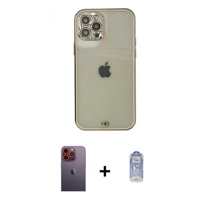 MARSİLYAN™- iPhone 12 Pro Max Kılıf Eksen Minimal Koleksiyonu - Siyah Joko Magic 5D Cam + Neon Fosforlu Kamera Lens - TU