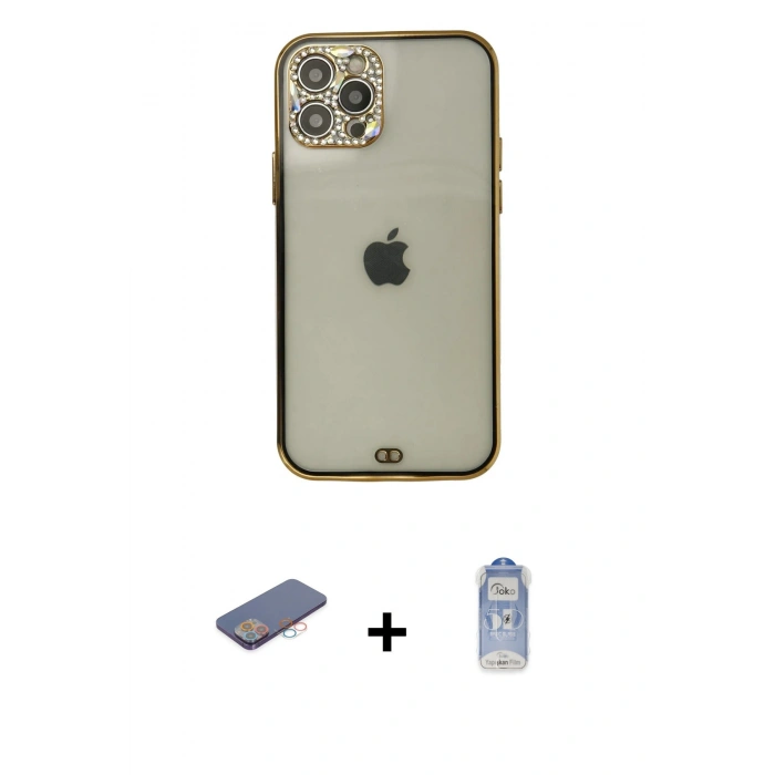 MARSİLYAN™- iPhone 12 Pro Max Kılıf Eksen Minimal Koleksiyonu - Siyah Joko Magic 5D Cam + Renkli Kamera Lens Koruma Cam - PE