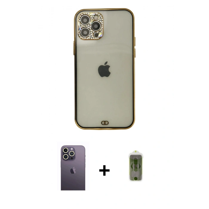 MARSİLYAN™- iPhone 12 Pro Max Kılıf Eksen Minimal Koleksiyonu - Siyah Joko Magic 5D Hayalet Cam + Beyaz Neon Fosforlu Kamera Lens
