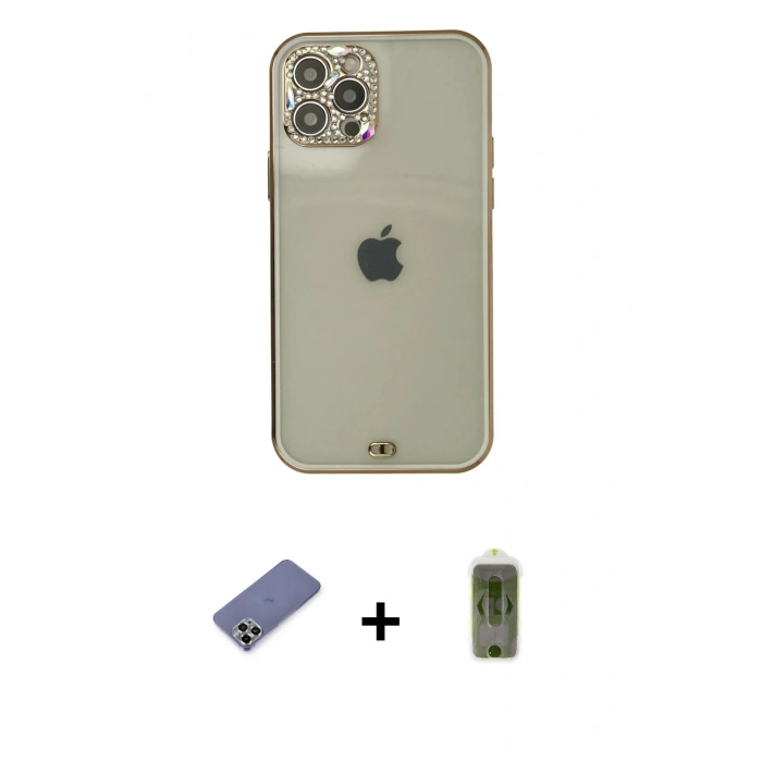 MARSİLYAN™- iPhone 12 Pro Max Kılıf Eksen Minimal Koleksiyonu - Siyah Joko Magic 5D Hayalet Cam + Gold Metal Kamera Lens Koruma Cam
