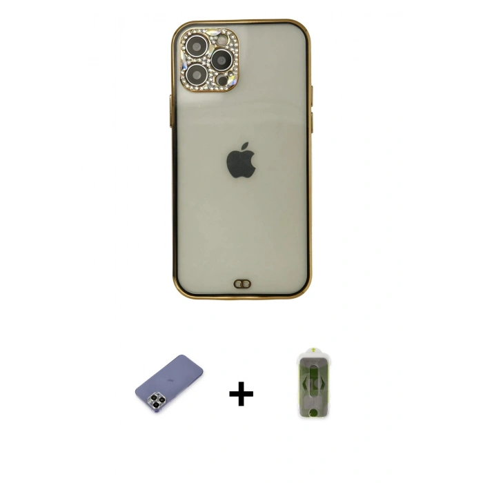 MARSİLYAN™- iPhone 12 Pro Max Kılıf Eksen Minimal Koleksiyonu - Siyah Joko Magic 5D Hayalet Cam + Gold Metal Kamera Lens Koruma Cam