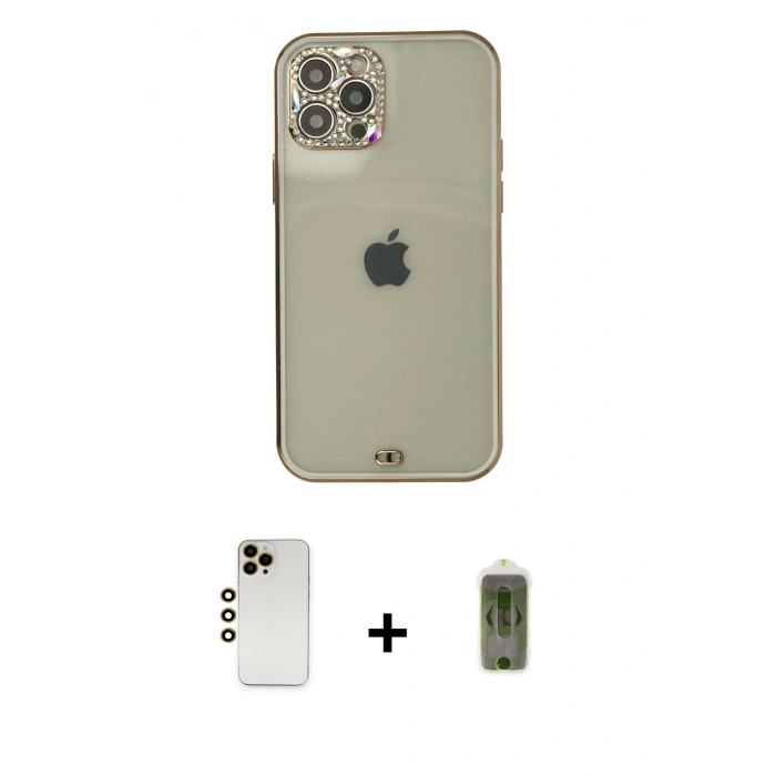 MARSİLYAN™- iPhone 12 Pro Max Kılıf Eksen Minimal Koleksiyonu - Siyah Joko Magic 5D Hayalet Cam + Gold Shine Kamera Lens