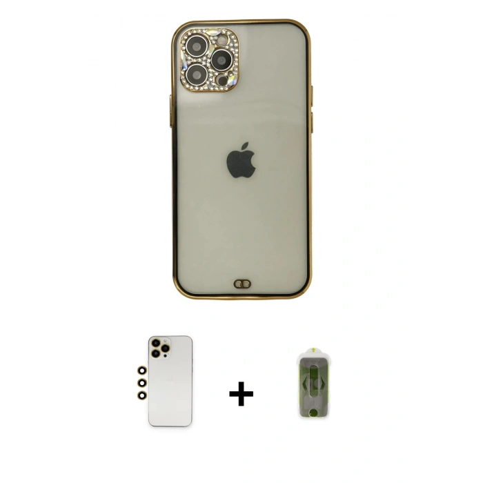 MARSİLYAN™- iPhone 12 Pro Max Kılıf Eksen Minimal Koleksiyonu - Siyah Joko Magic 5D Hayalet Cam + Gold Shine Kamera Lens