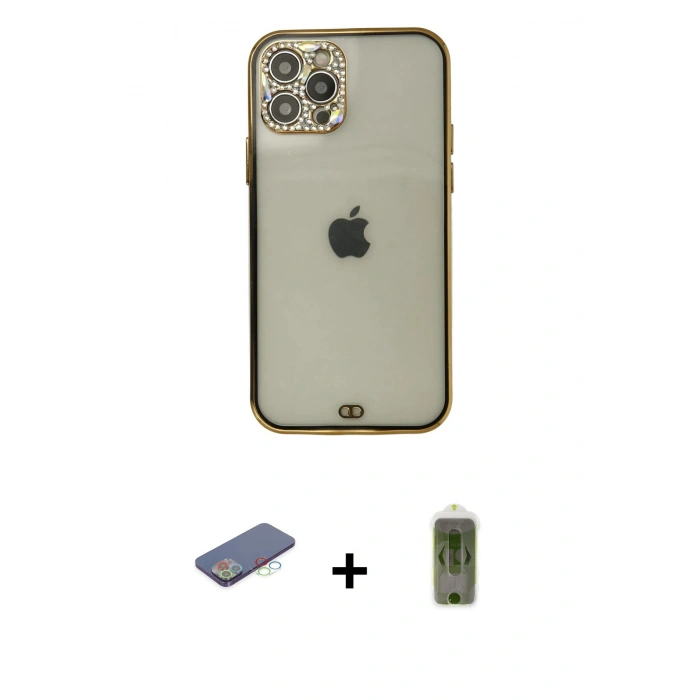 MARSİLYAN™- iPhone 12 Pro Max Kılıf Eksen Minimal Koleksiyonu - Siyah Joko Magic 5D Hayalet Cam + Mavi Renkli Kamera Lens Koruma Cam