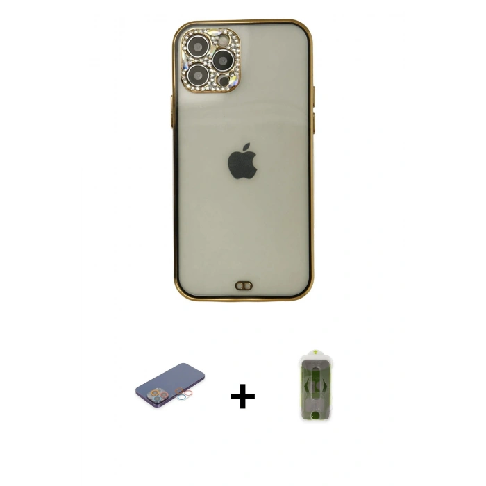 MARSİLYAN™- iPhone 12 Pro Max Kılıf Eksen Minimal Koleksiyonu - Siyah Joko Magic 5D Hayalet Cam + Renkli Kamera Lens Koruma Cam - PE