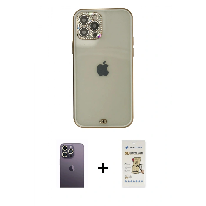 MARSİLYAN™- iPhone 12 Pro Max Kılıf Eksen Minimal Koleksiyonu - Siyah Mat Seramik Nano Ekran Koruyucu + Beyaz Neon Fosforlu Kamera Lens