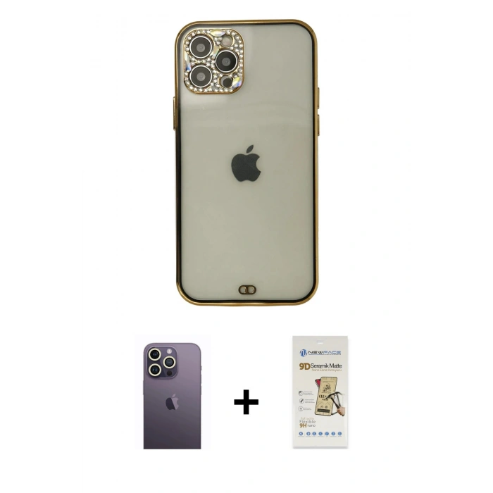 MARSİLYAN™- iPhone 12 Pro Max Kılıf Eksen Minimal Koleksiyonu - Siyah Mat Seramik Nano Ekran Koruyucu + Beyaz Neon Fosforlu Kamera Lens