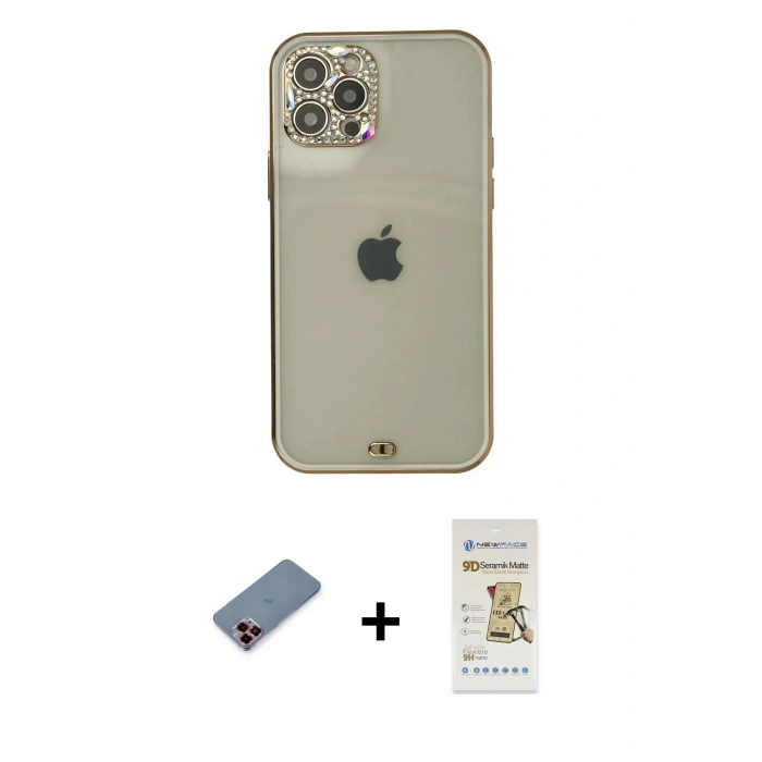 MARSİLYAN™- iPhone 12 Pro Max Kılıf Eksen Minimal Koleksiyonu - Siyah Mat Seramik Nano Ekran Koruyucu + Metal Kamera Lens Koruma Cam - KI