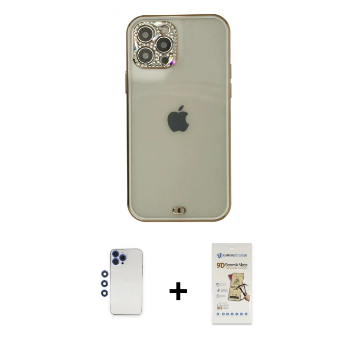 MARSİLYAN™- iPhone 12 Pro Max Kılıf Eksen Minimal Koleksiyonu - Siyah Mat Seramik Nano Ekran Koruyucu + Lacivert Shine Kamera Lens