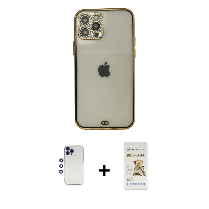 MARSİLYAN™- iPhone 12 Pro Max Kılıf Eksen Minimal Koleksiyonu - Siyah Mat Seramik Nano Ekran Koruyucu + Lacivert Shine Kamera Lens