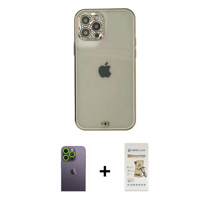 MARSİLYAN™- iPhone 12 Pro Max Kılıf Eksen Minimal Koleksiyonu - Siyah Mat Seramik Nano Ekran Koruyucu + Neon Fosforlu Kamera Lens - YL