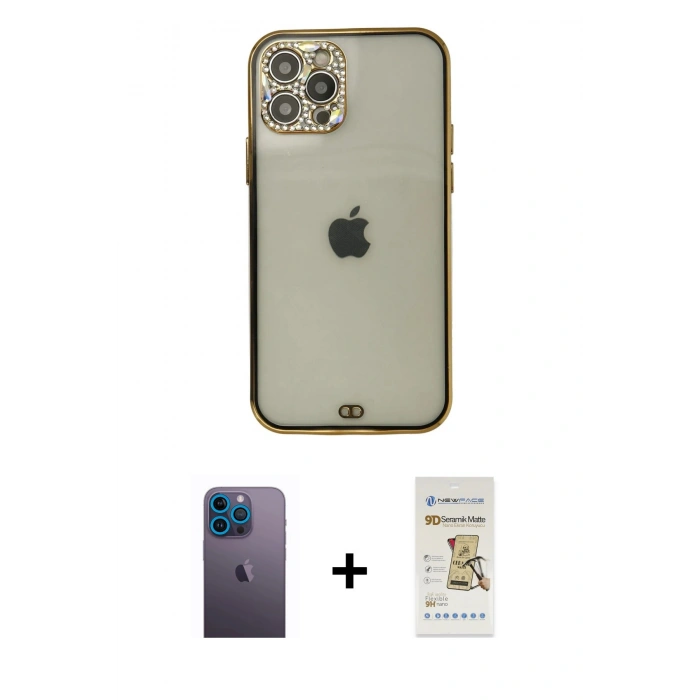 MARSİLYAN™- iPhone 12 Pro Max Kılıf Eksen Minimal Koleksiyonu - Siyah Mat Seramik Nano Ekran Koruyucu + Neon Fosforlu Kamera Lens - MI