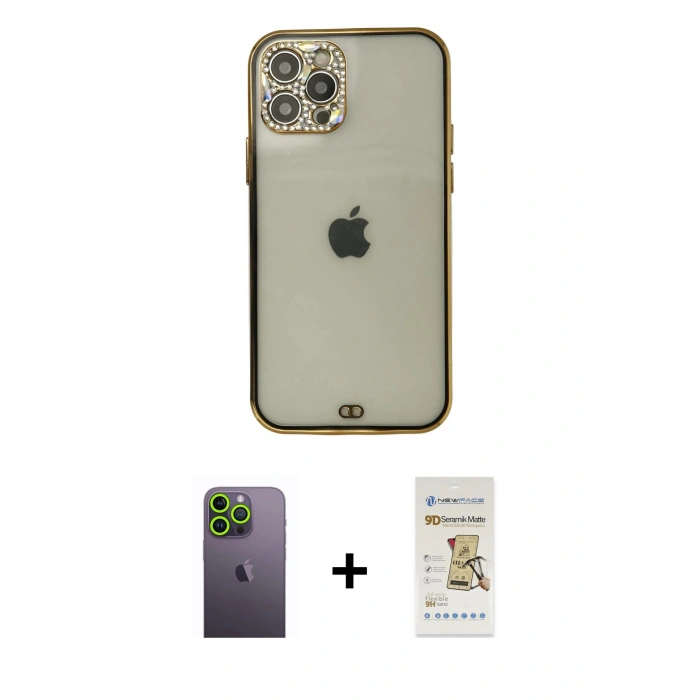 MARSİLYAN™- iPhone 12 Pro Max Kılıf Eksen Minimal Koleksiyonu - Siyah Mat Seramik Nano Ekran Koruyucu + Neon Fosforlu Kamera Lens - YL