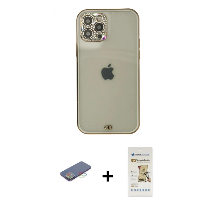 MARSİLYAN™- iPhone 12 Pro Max Kılıf Eksen Minimal Koleksiyonu - Siyah Mat Seramik Nano Ekran Koruyucu + Renkli Kamera Lens Koruma Cam - MI