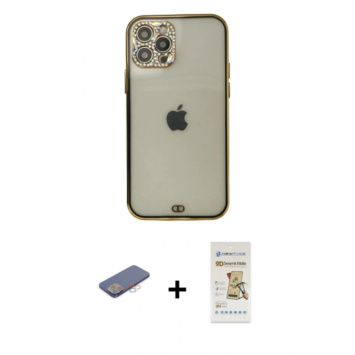 MARSİLYAN™- iPhone 12 Pro Max Kılıf Eksen Minimal Koleksiyonu - Siyah Mat Seramik Nano Ekran Koruyucu + Renkli Kamera Lens Koruma Cam - PE