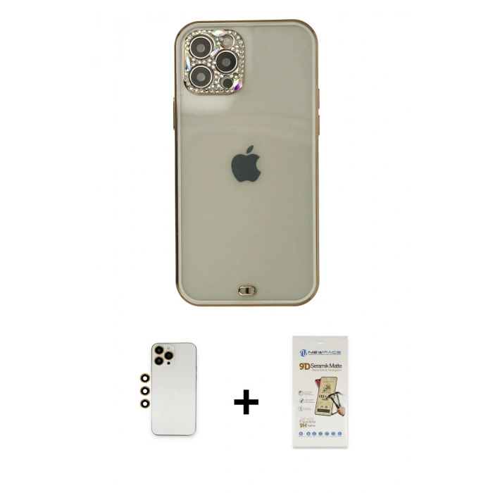 MARSİLYAN™- iPhone 12 Pro Max Kılıf Eksen Minimal Koleksiyonu - Siyah Mat Seramik Nano Ekran Koruyucu + Shine Kamera Lens - GD