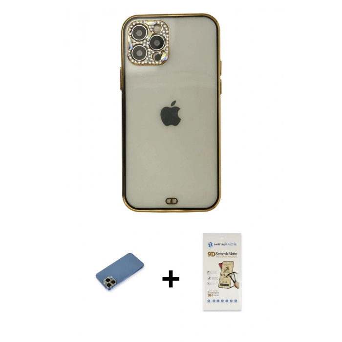 MARSİLYAN™- iPhone 12 Pro Max Kılıf Eksen Minimal Koleksiyonu - Siyah Mat Seramik Nano Ekran Koruyucu + Shine Kamera Lens Koruma Cam - GD