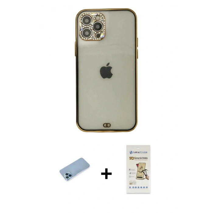 MARSİLYAN™- iPhone 12 Pro Max Kılıf Eksen Minimal Koleksiyonu - Siyah Mat Seramik Nano Ekran Koruyucu + Shine Kamera Lens Koruma Cam - MI