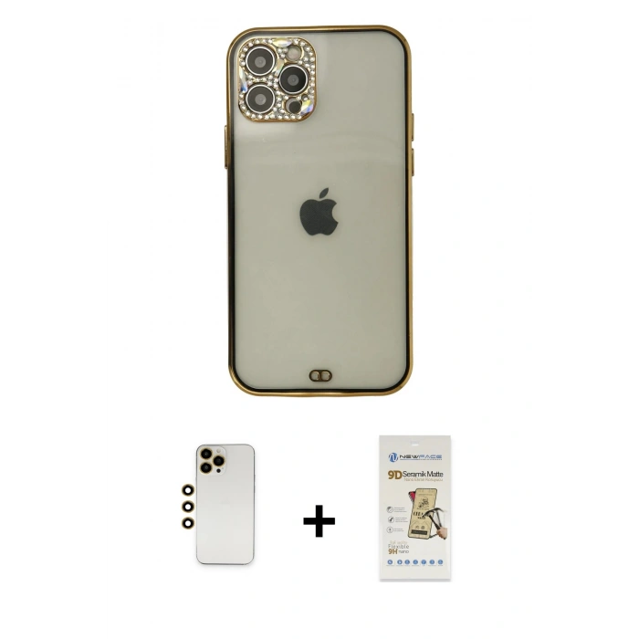 MARSİLYAN™- iPhone 12 Pro Max Kılıf Eksen Minimal Koleksiyonu - Siyah Mat Seramik Nano Ekran Koruyucu + Shine Kamera Lens - GD