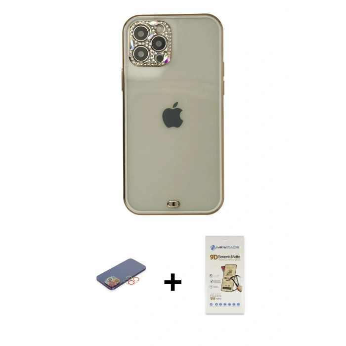 MARSİLYAN™- iPhone 12 Pro Max Kılıf Eksen Minimal Koleksiyonu - Siyah Mat Seramik Nano Ekran Koruyucu + Renkli Kamera Lens Koruma Cam - TU
