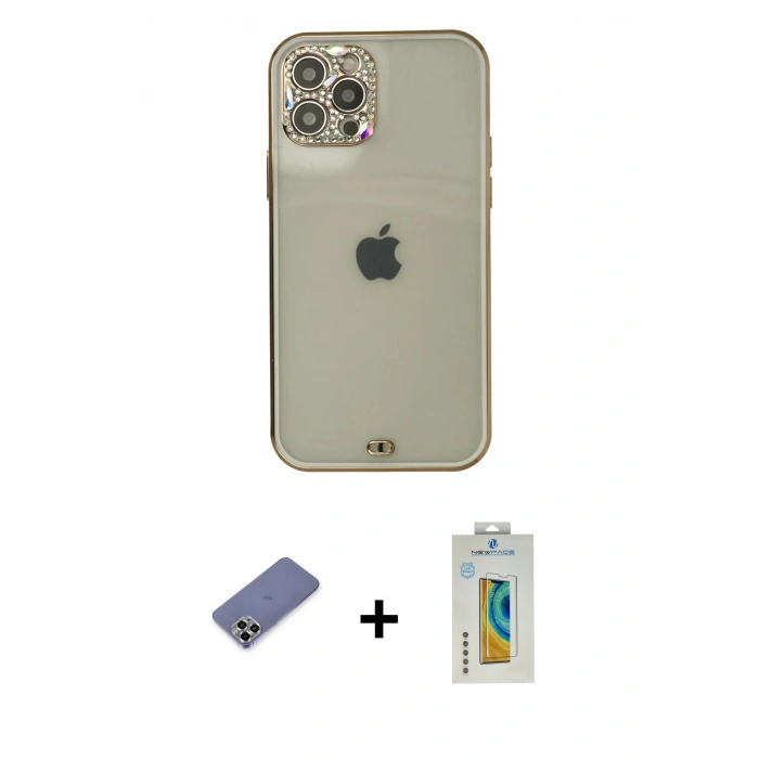 MARSİLYAN™- iPhone 12 Pro Max Kılıf Eksen Minimal Koleksiyonu - Siyah Polymer Nano Ekran Koruyucu + Metal Kamera Lens Koruma Cam - GD