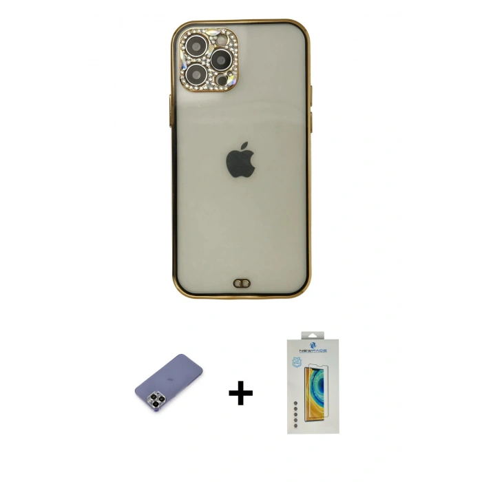 MARSİLYAN™- iPhone 12 Pro Max Kılıf Eksen Minimal Koleksiyonu - Siyah Polymer Nano Ekran Koruyucu + Metal Kamera Lens Koruma Cam - GD