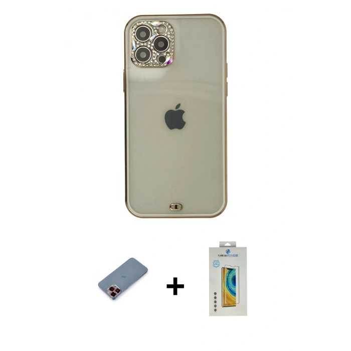 MARSİLYAN™- iPhone 12 Pro Max Kılıf Eksen Minimal Koleksiyonu - Siyah Polymer Nano Ekran Koruyucu + Metal Kamera Lens Koruma Cam - KI