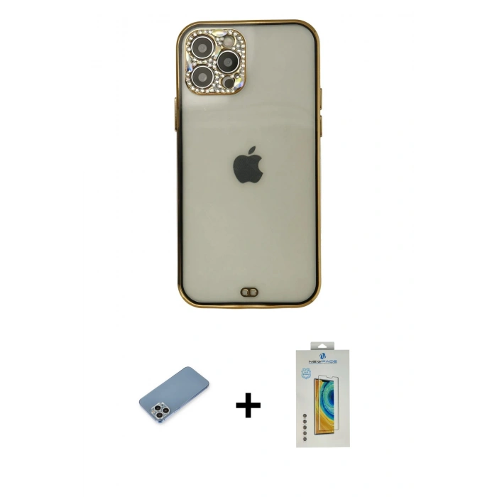 MARSİLYAN™- iPhone 12 Pro Max Kılıf Eksen Minimal Koleksiyonu - Siyah Polymer Nano Ekran Koruyucu + Shine Kamera Lens Koruma Cam - GS
