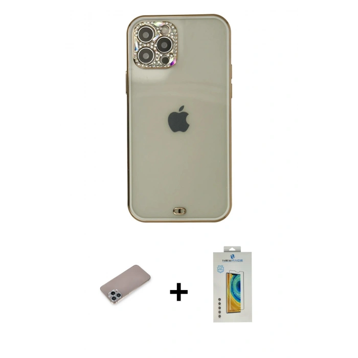 MARSİLYAN™- iPhone 12 Pro Max Kılıf Eksen Minimal Koleksiyonu - Siyah Polymer Nano Ekran Koruyucu + Sierra Blue Shine Kamera Lens Koruma Cam