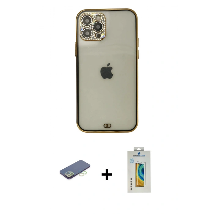 MARSİLYAN™- iPhone 12 Pro Max Kılıf Eksen Minimal Koleksiyonu - Siyah Polymer Nano Ekran Koruyucu + Renkli Kamera Lens Koruma Cam - YL