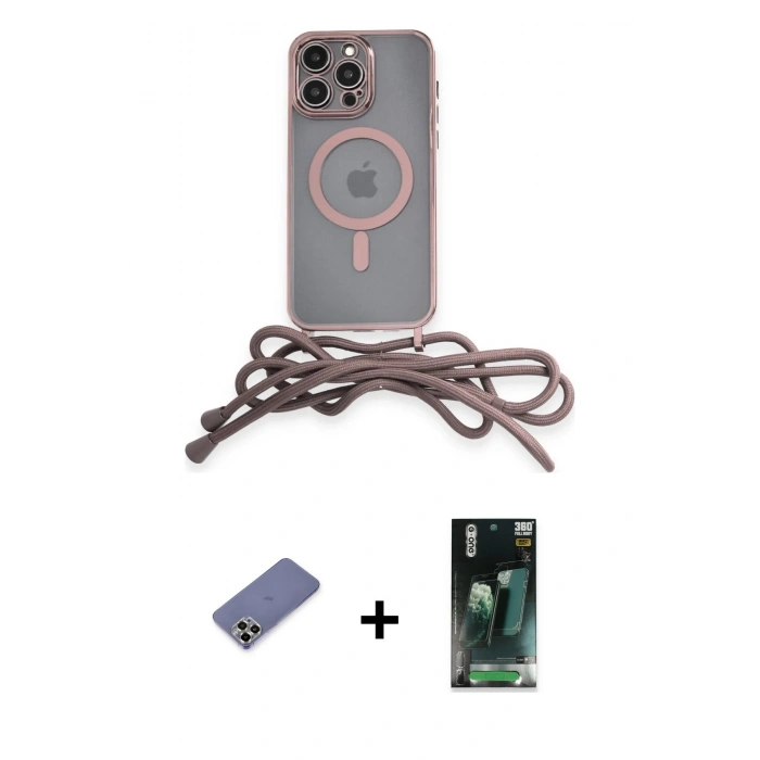 MARSİLYAN™- iPhone 12 Pro Max Kılıf Eksen Özel Seri - Şeffaf 360 Full Body Arka Koruyucu + Gold Metal Kamera Lens Koruma Cam