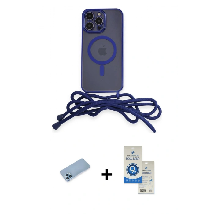 MARSİLYAN™- iPhone 12 Pro Max Kılıf Eksen Özel Seri - Şeffaf Royal Nano Ekran Koruyucu + Mavi Shine Kamera Lens Koruma Cam