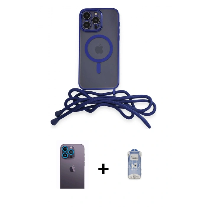 MARSİLYAN™- iPhone 12 Pro Max Kılıf Eksen Özel Seri - Siyah Joko Magic 5D Cam + Mavi Neon Fosforlu Kamera Lens