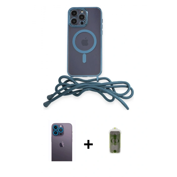 MARSİLYAN™- iPhone 12 Pro Max Kılıf Eksen Özel Seri - Siyah Joko Magic 5D Hayalet Cam + Mavi Neon Fosforlu Kamera Lens