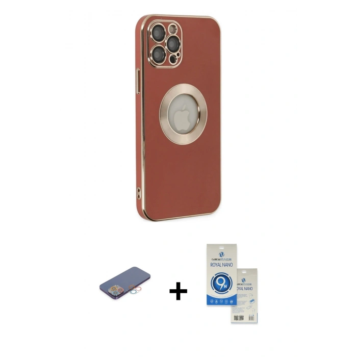 MARSİLYAN™- iPhone 12 Pro Max Kılıf İz Form Serisi - Şeffaf Royal Nano Ekran Koruyucu + Pembe Renkli Kamera Lens Koruma Cam